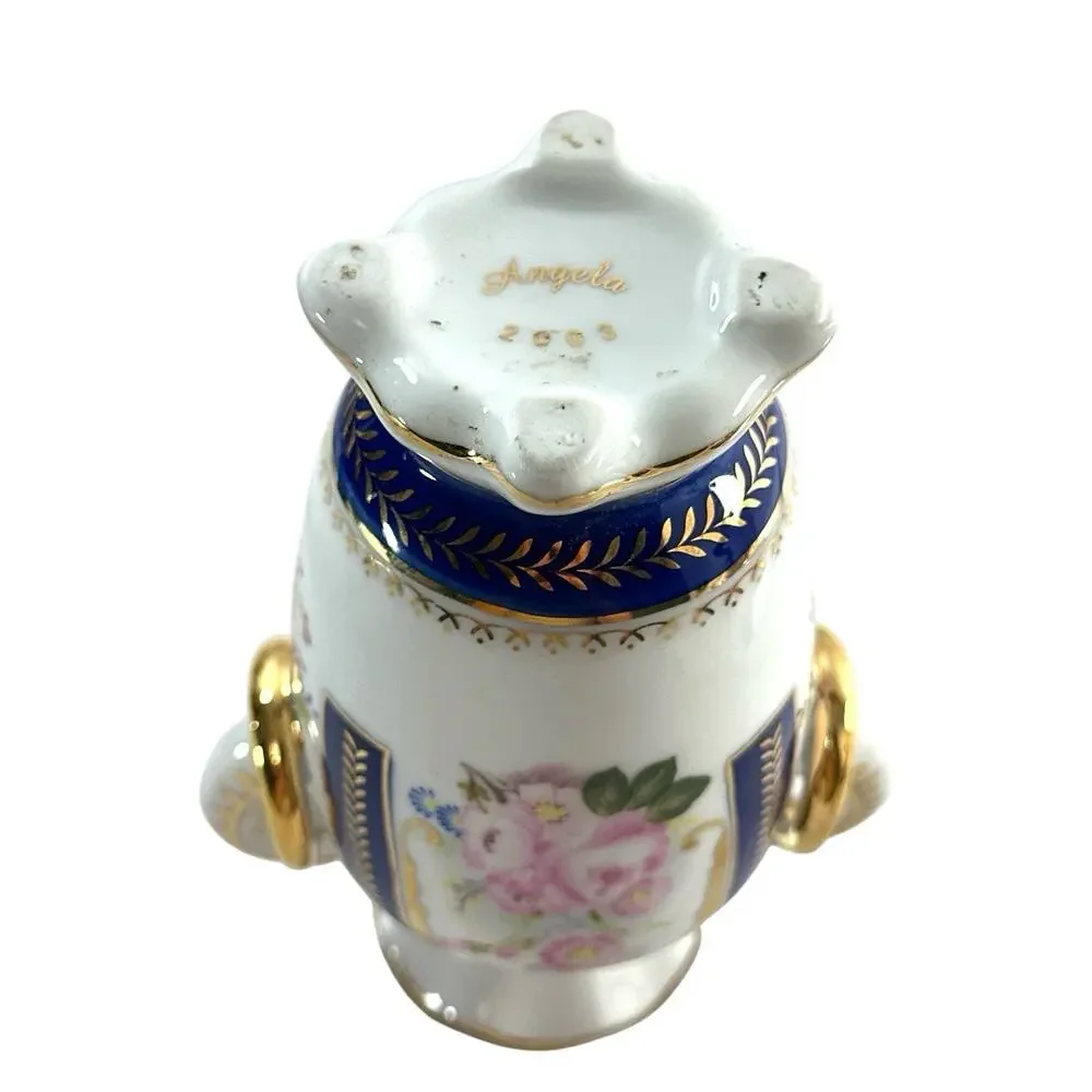 Angela 2003 Porcelain Vase Cobalt Blue Pink Floral Gold Gilt Double Handle 6”